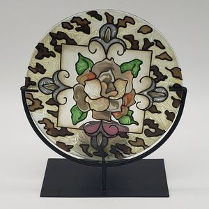 Joan Baker Designs Hand Painted Rose Round Stained Glass Tealight Candle Holder